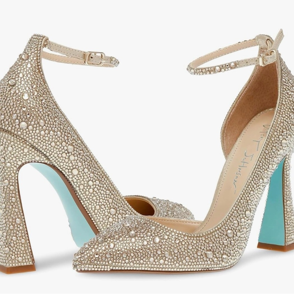 Betsey Johnson Crystal-Embellished Ankle-Strap Pumps - Champagne with Blue Sole